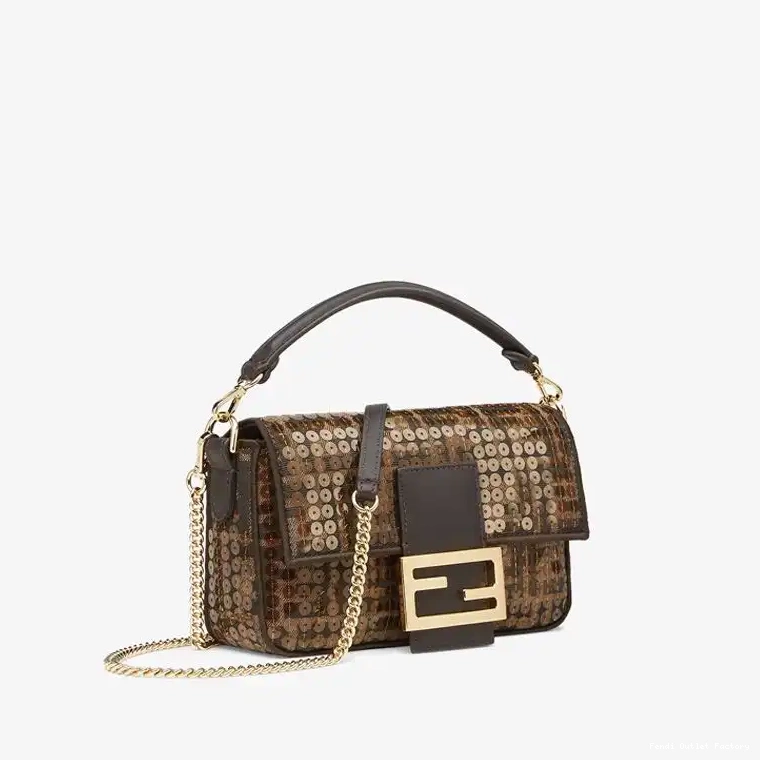 Vintage HOT In Motif FF Mini Bag Fabric Sequins Fendi with Baguette Brown 0513